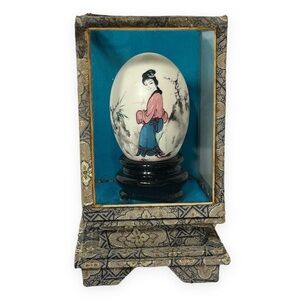 Vintage Japanese Girl Hand Painted Egg Enclosed in Silk Covered Glass Box Floral